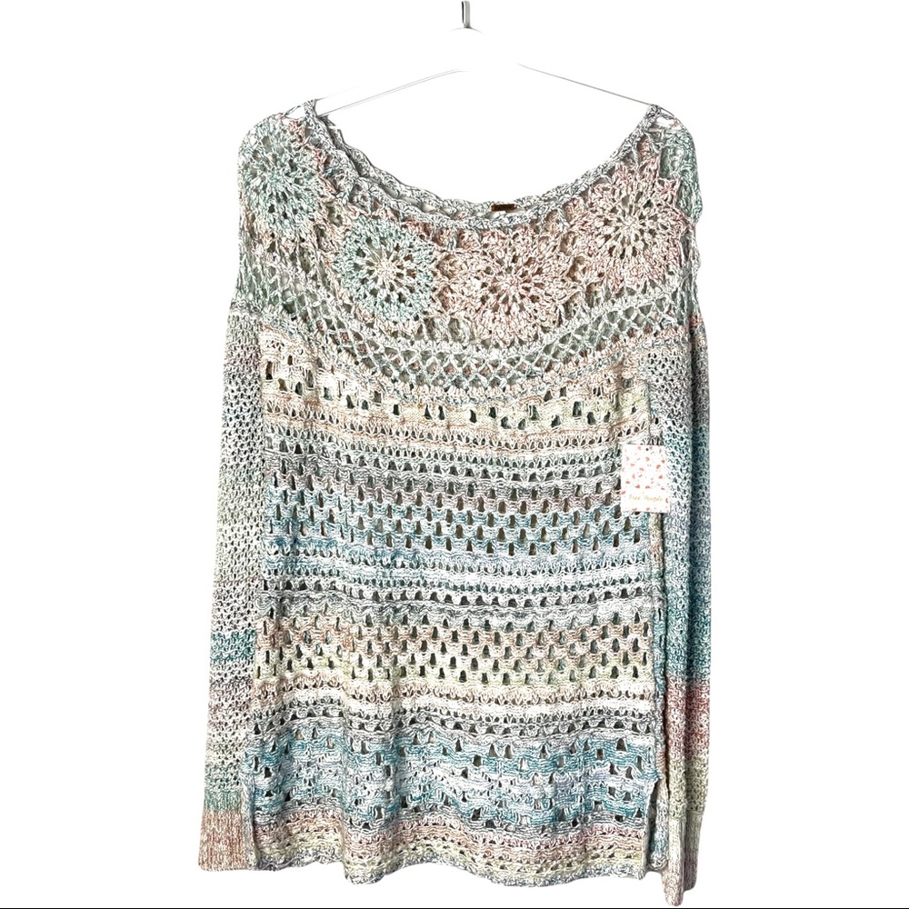 NWT Free People Ring of Roses Spring Sky Crochet Pink Blue Tunic Sweater Medium